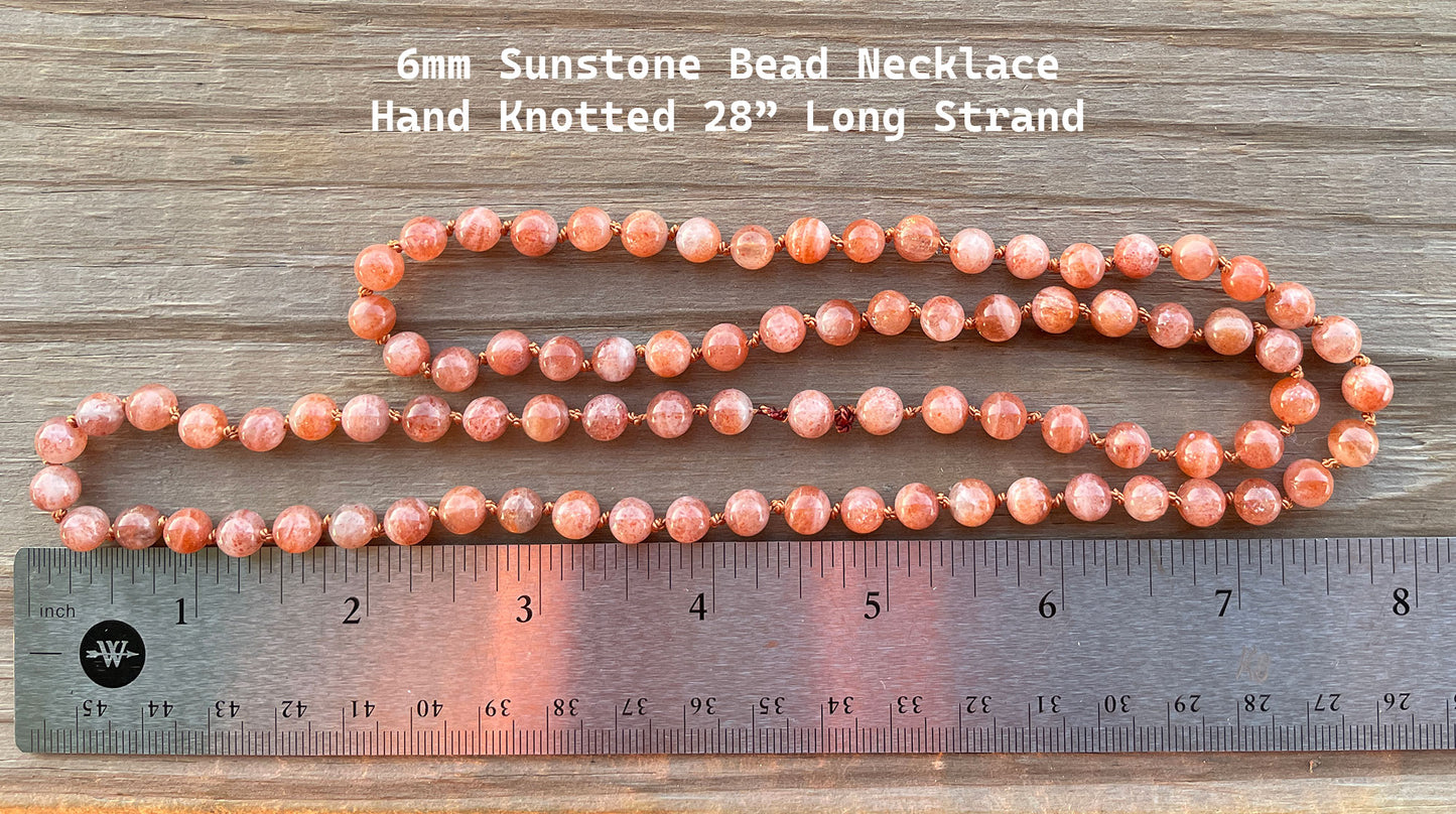 6mm Round Smooth Sunstone Bead Necklace, Hand Knotted 28 Inch