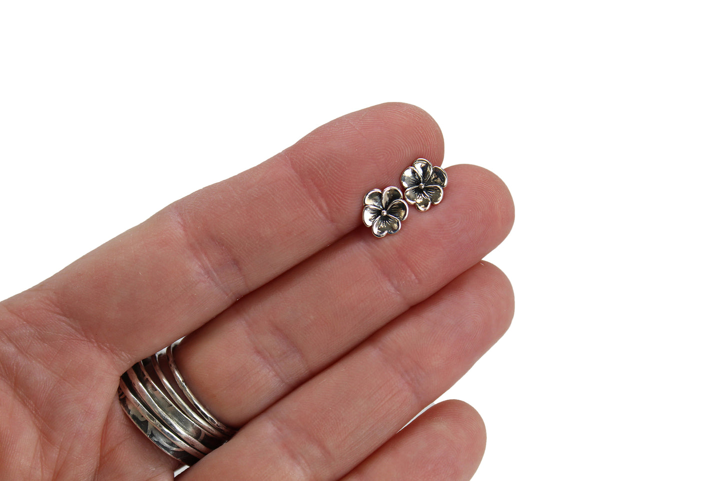 Pansy Flower Sterling Silver Stud Earrings