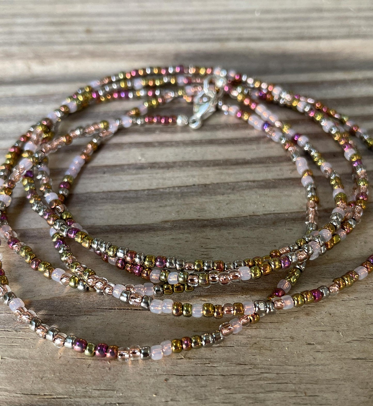 Pink Gold Seed Bead Necklace, Thin 1.5mm Single Strand
