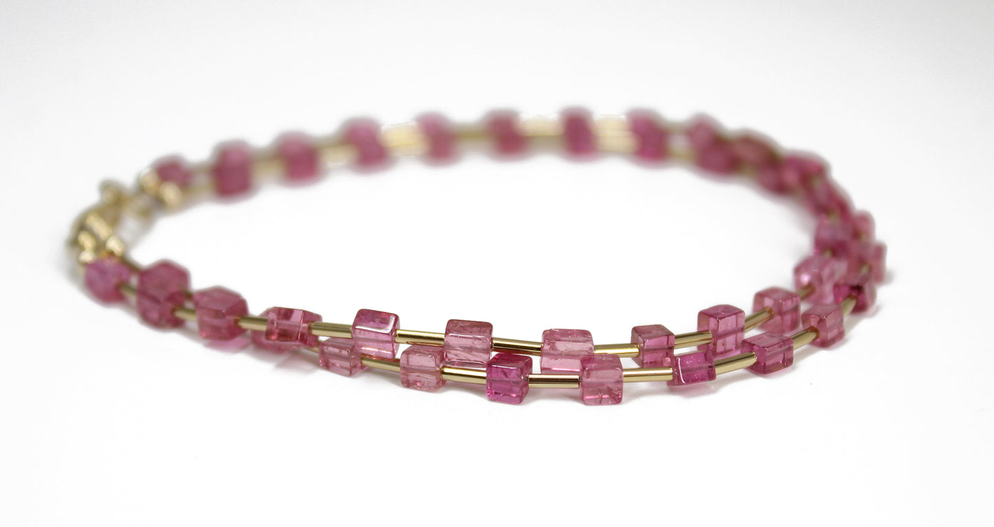 Pink Tourmaline Cube Bead Bracelet with Yellow Gold Filled Accents