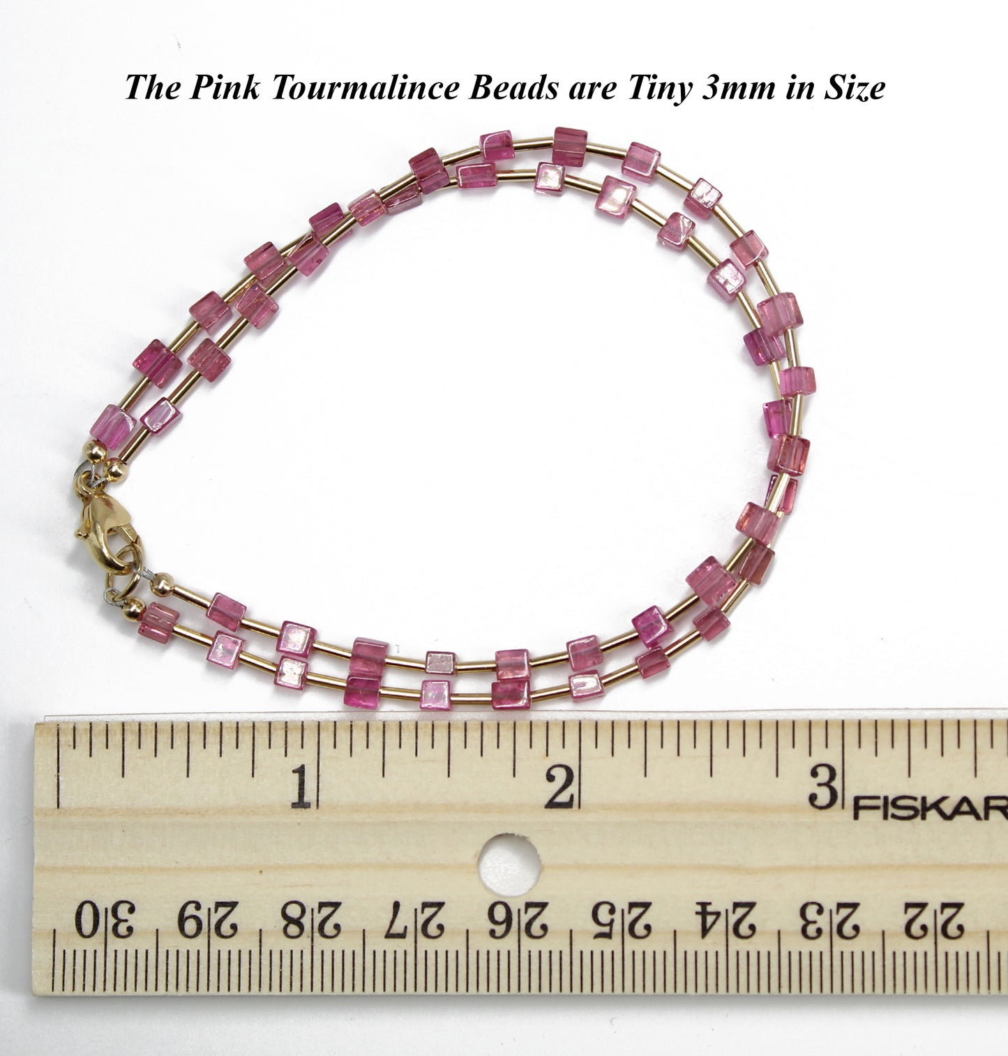 Pink Tourmaline Cube Bead Bracelet with Yellow Gold Filled Accents