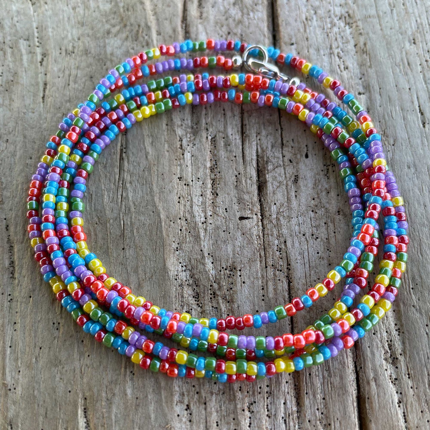 Rainbow Luster Seed Bead Necklace, Hippy Love Beads