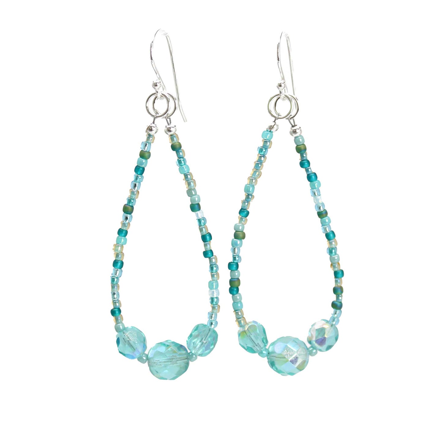 Blue Green Seed Bead Earrings with Czech Crystal Accents