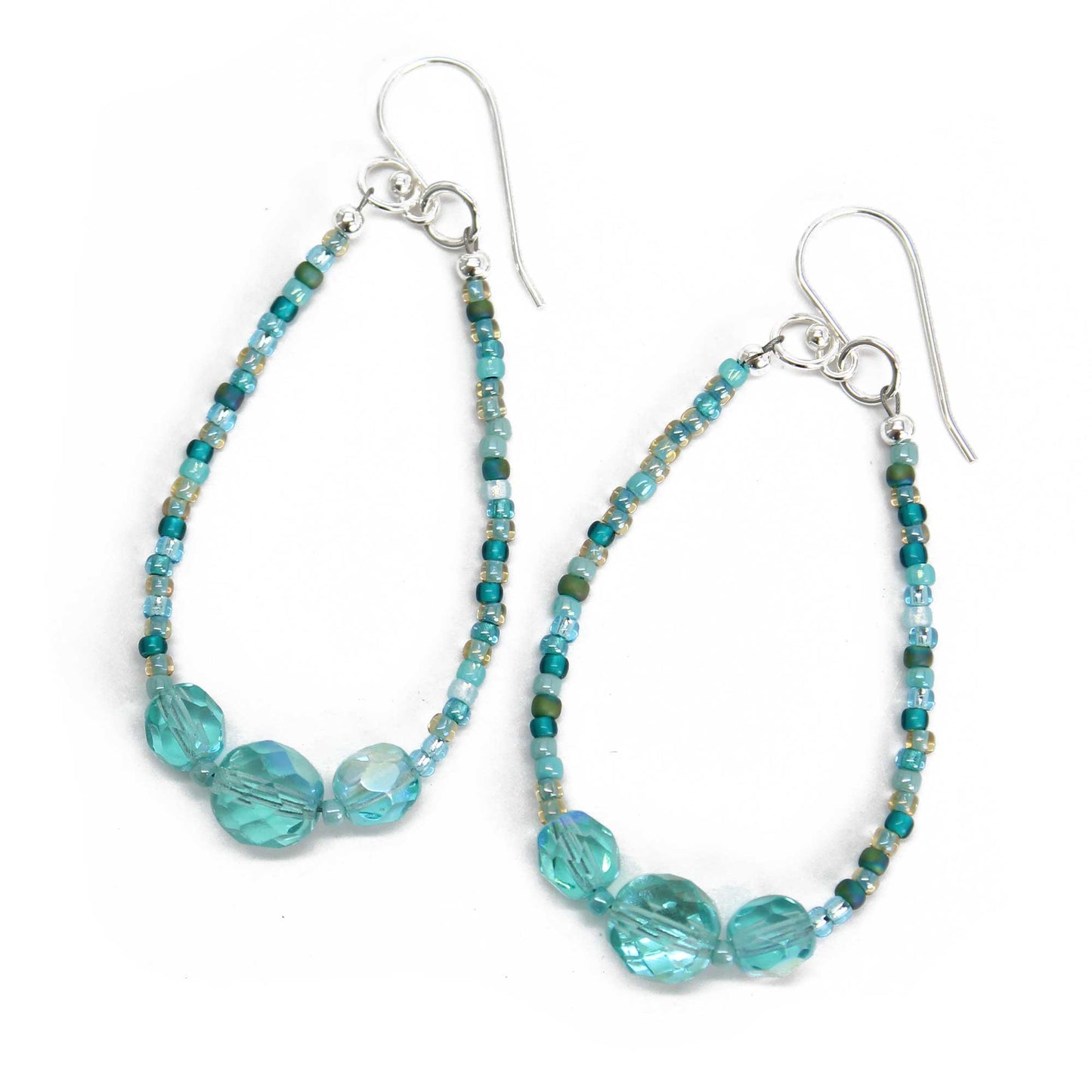 Blue Green Seed Bead Earrings with Czech Crystal Accents