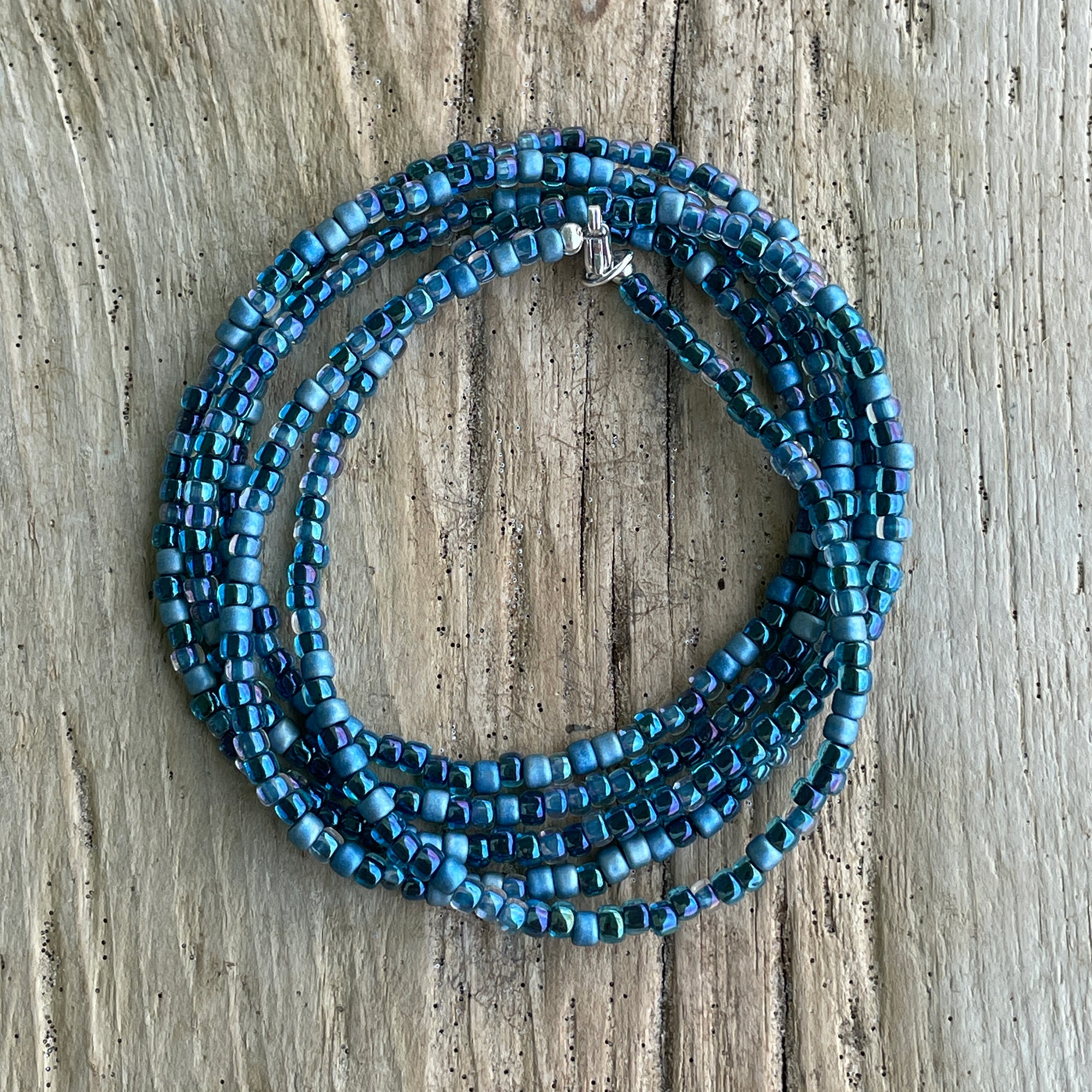 Multicolor Shibori Blue Seed Bead Necklace, Thin 2mm Single Strand