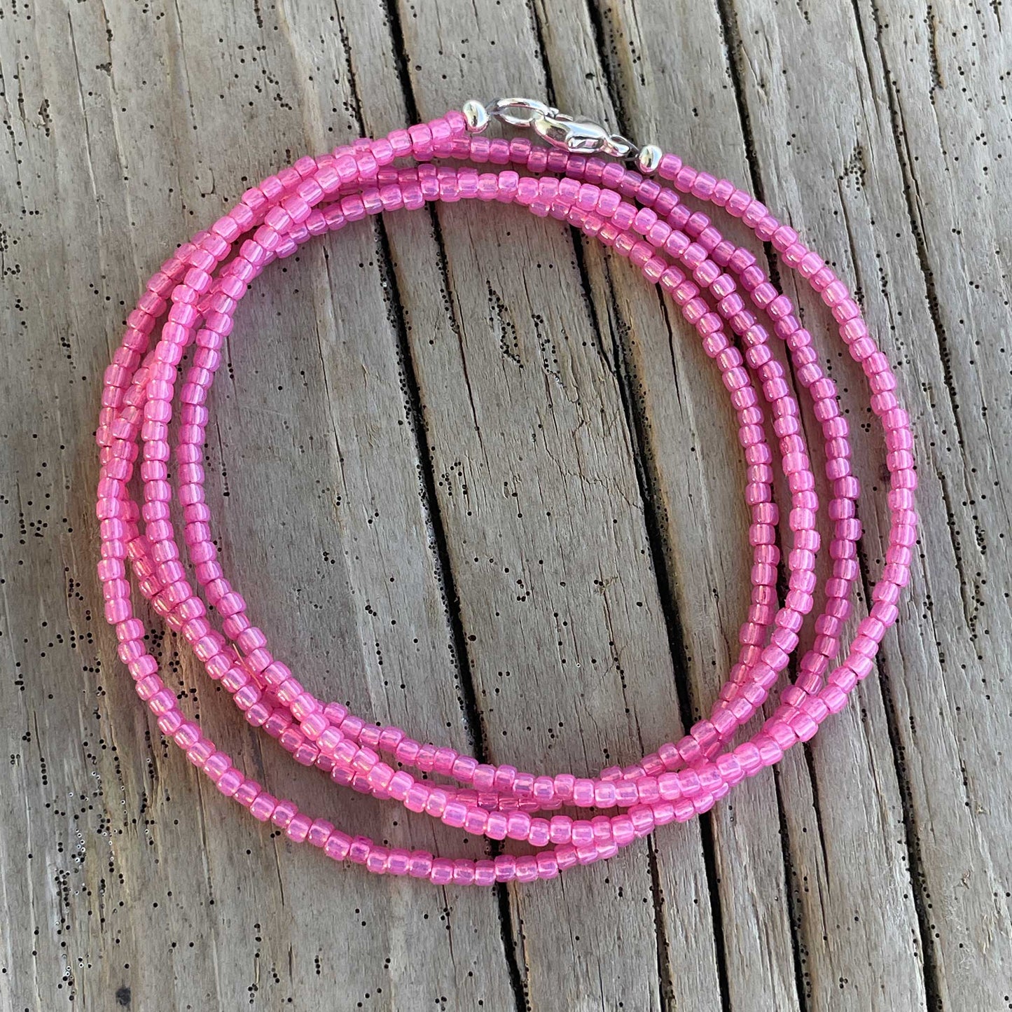 Silver Lined Milky Hot Pink Seed Bead Necklace