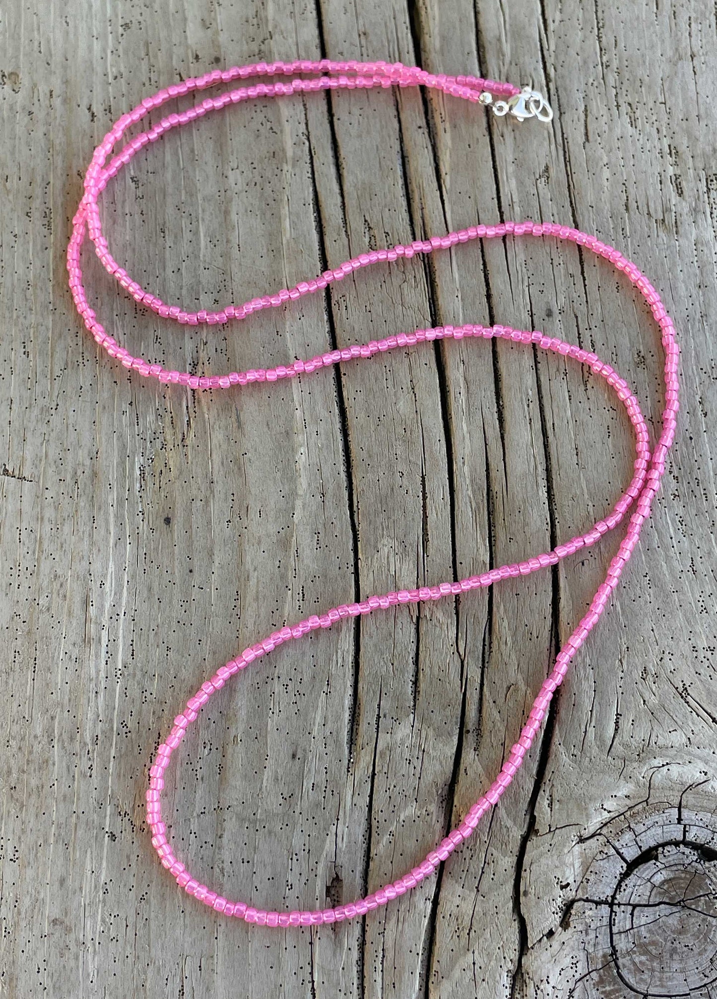 Silver Lined Milky Hot Pink Seed Bead Necklace