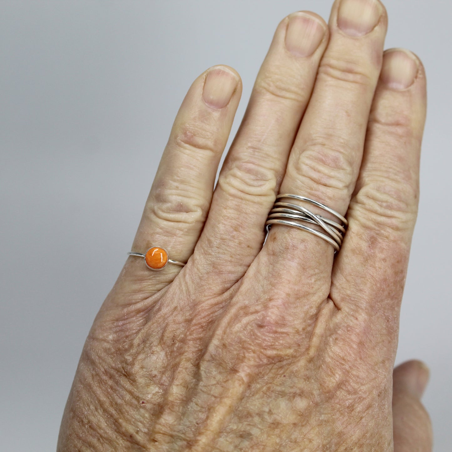 6mm Round Spiny Oyster Shell Ring 925 Sterling Silver, Dainty Orange Ring