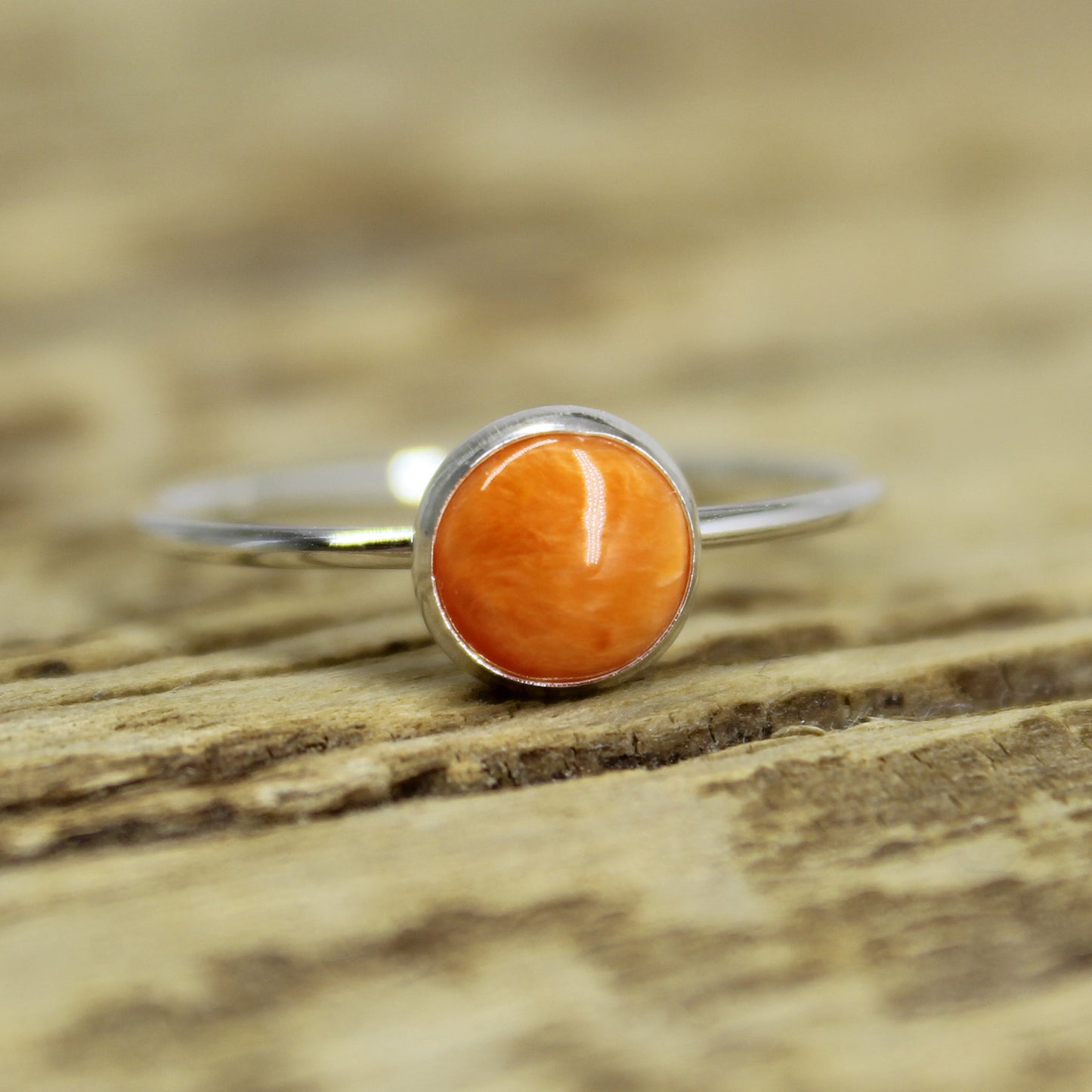 6mm Round Spiny Oyster Shell Ring 925 Sterling Silver, Dainty Orange Ring