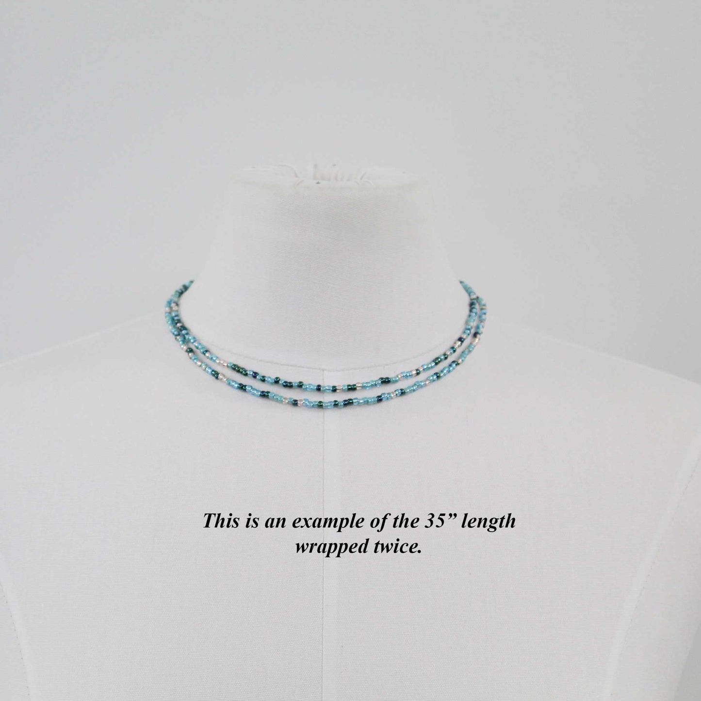 Blue Teal and Silver Seed Bead Necklace, Thin 2mm Single Strand
wrapped twice