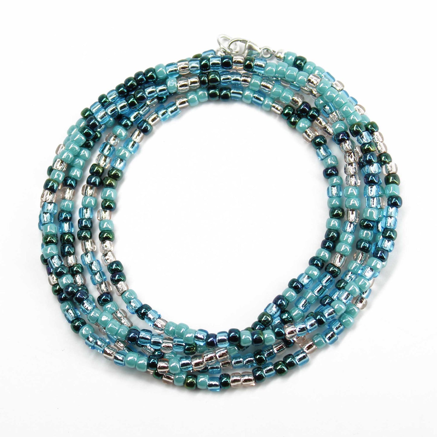 Blue Teal and Silver Seed Bead Necklace, Thin 2mm Single Strand