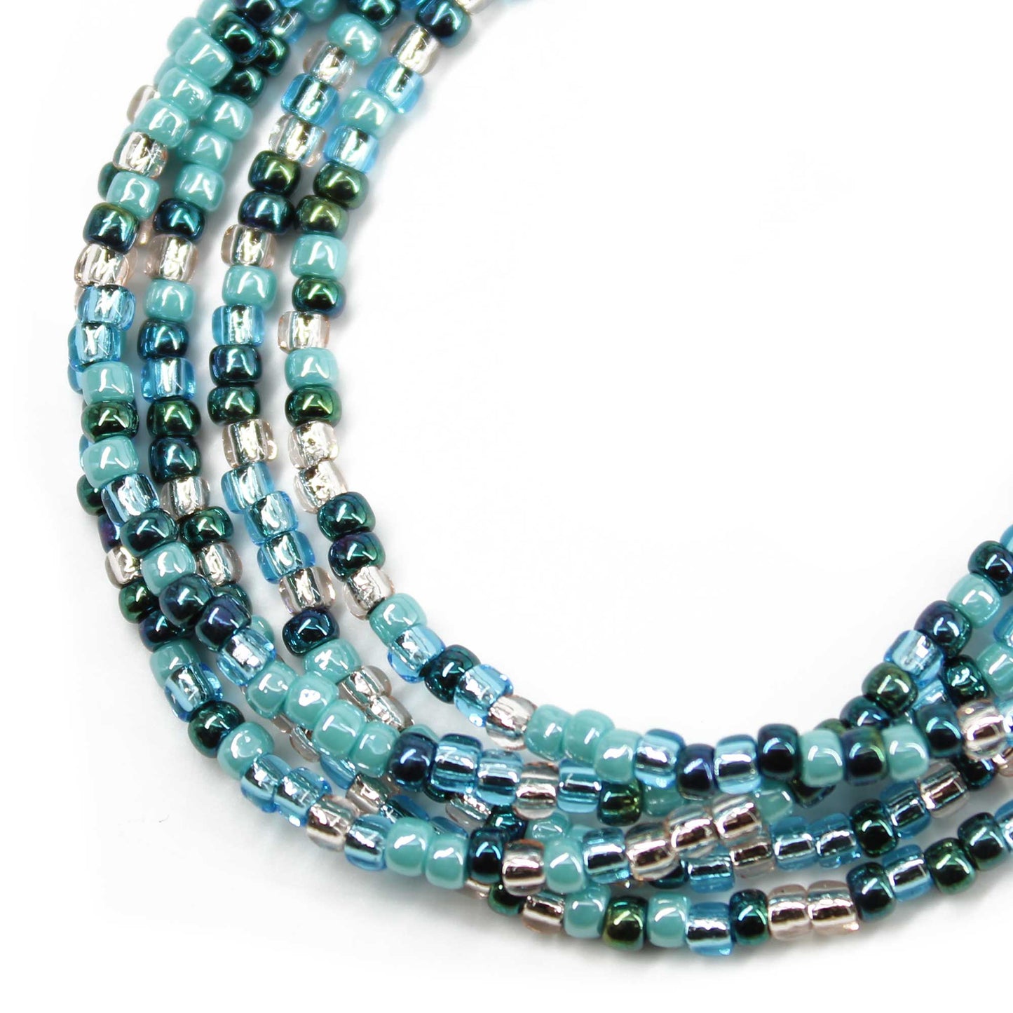 Blue Teal and Silver Seed Bead Necklace, Thin 2mm Single Strand