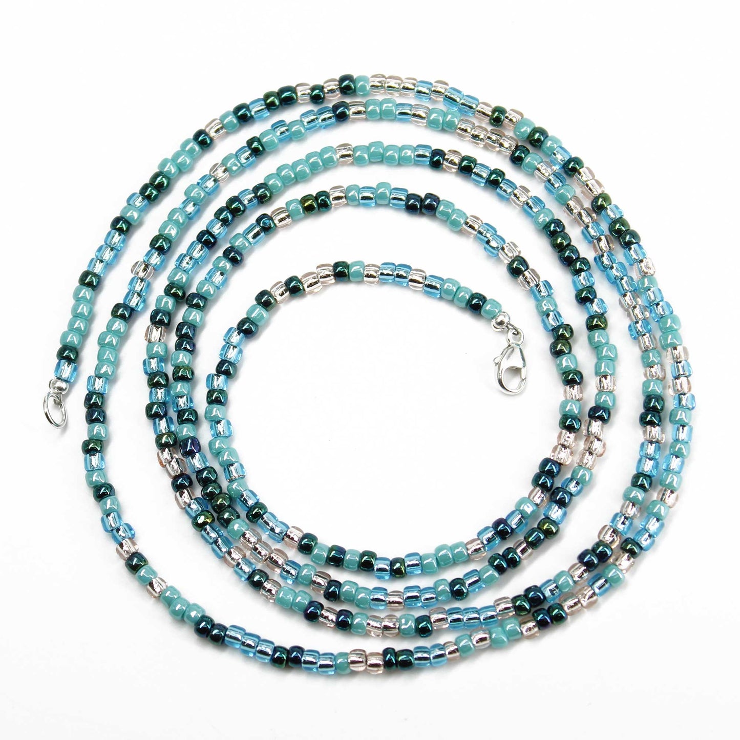 Blue Teal and Silver Seed Bead Necklace, Thin 2mm Single Strand