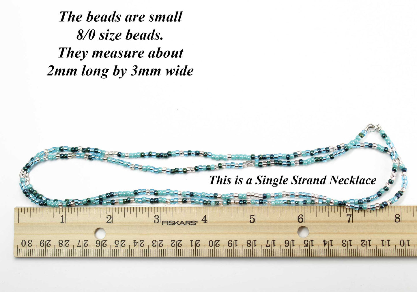 Blue Teal and Silver Seed Bead Necklace, Thin 2mm Single Strand