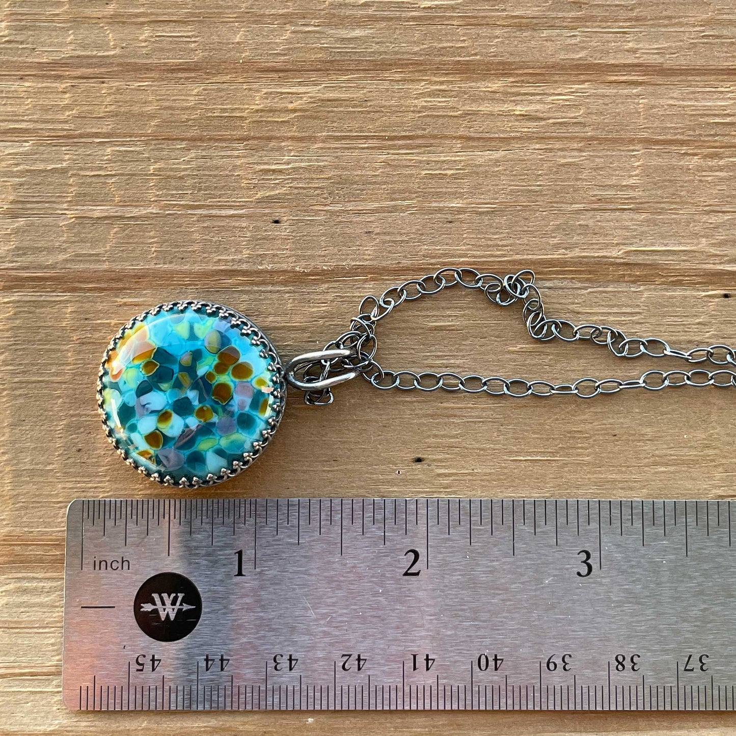 Blue and Teal Lampwork Glass Pendant Necklace in Sterling Silver 18
