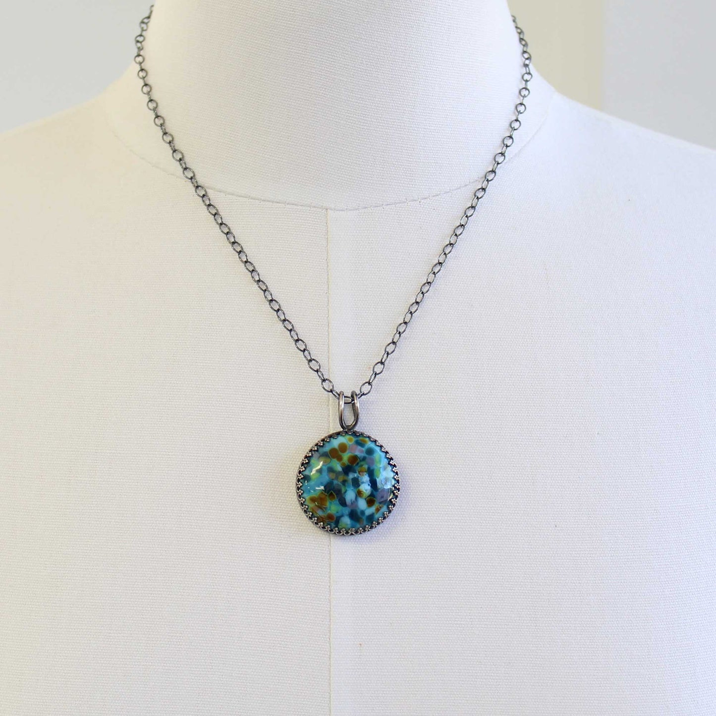 Blue and Teal Lampwork Glass Pendant Necklace in Sterling Silver 18