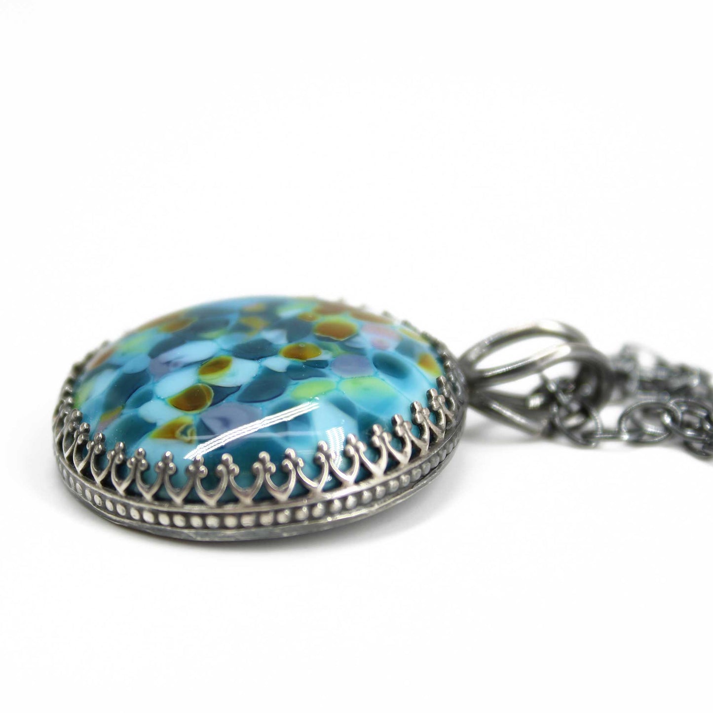 Blue and Teal Lampwork Glass Pendant Necklace in Sterling Silver 18