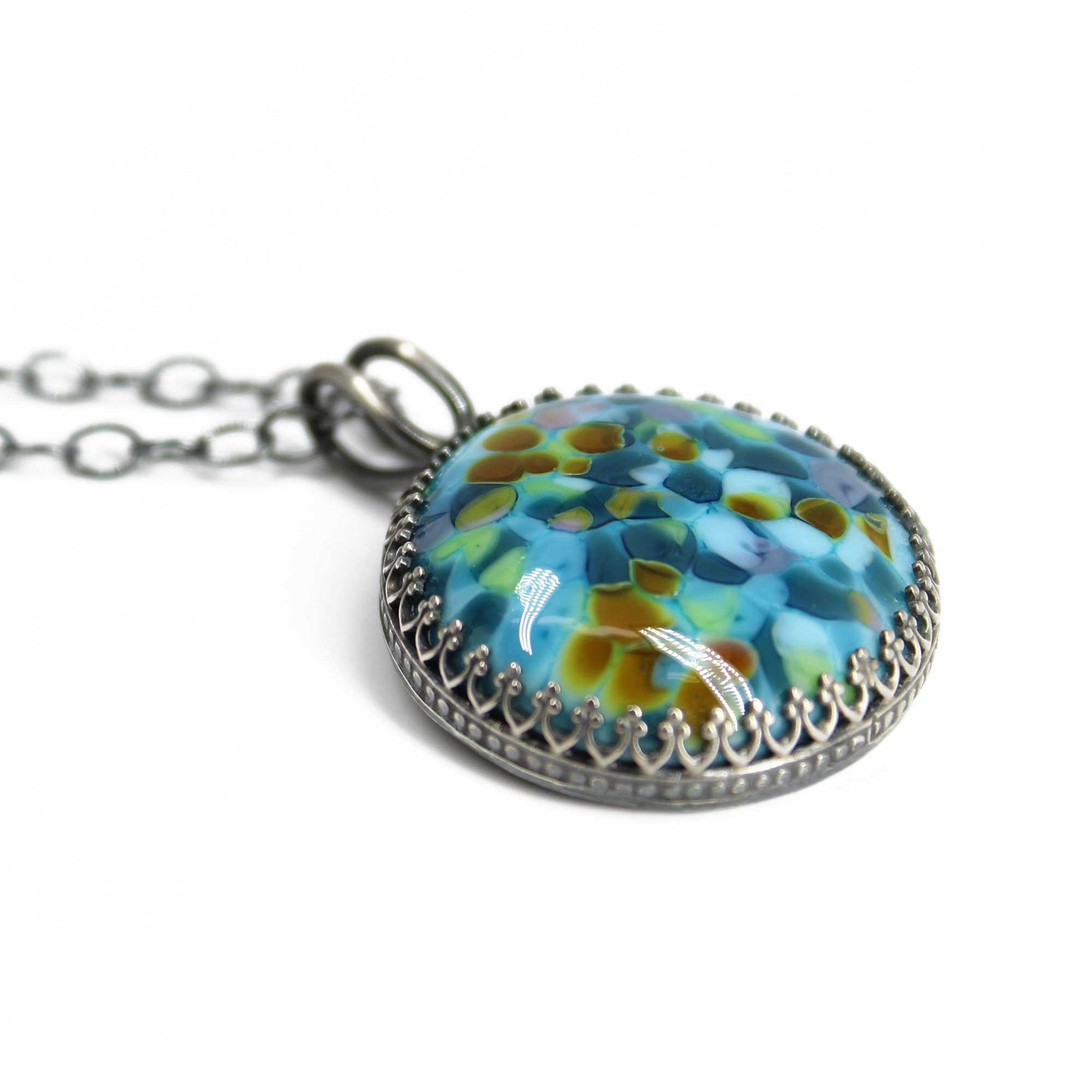 Blue and Teal Lampwork Glass Pendant Necklace in Sterling Silver 18