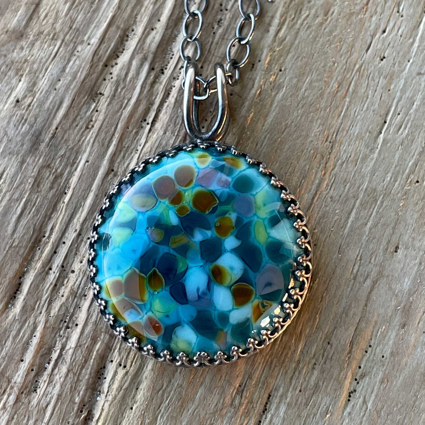Blue and Teal Lampwork Glass Pendant Necklace in Sterling Silver 18