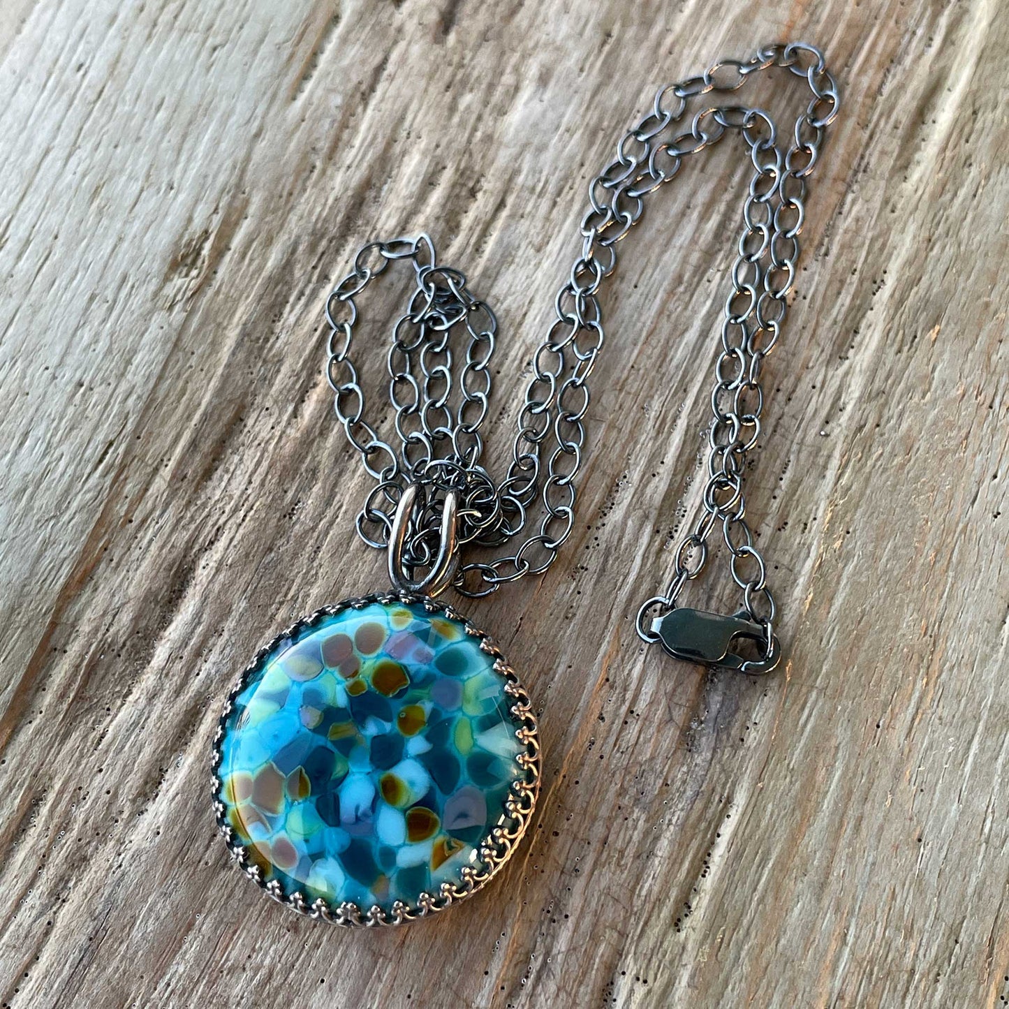 Blue and Teal Lampwork Glass Pendant Necklace in Sterling Silver 18