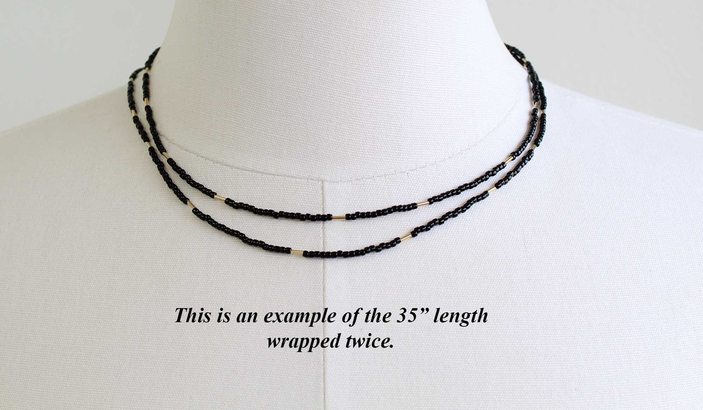 Black and Yellow Gold Filled Seed Bead Necklace, Thin 1.5mm Single Strand Custom Made to Order Length