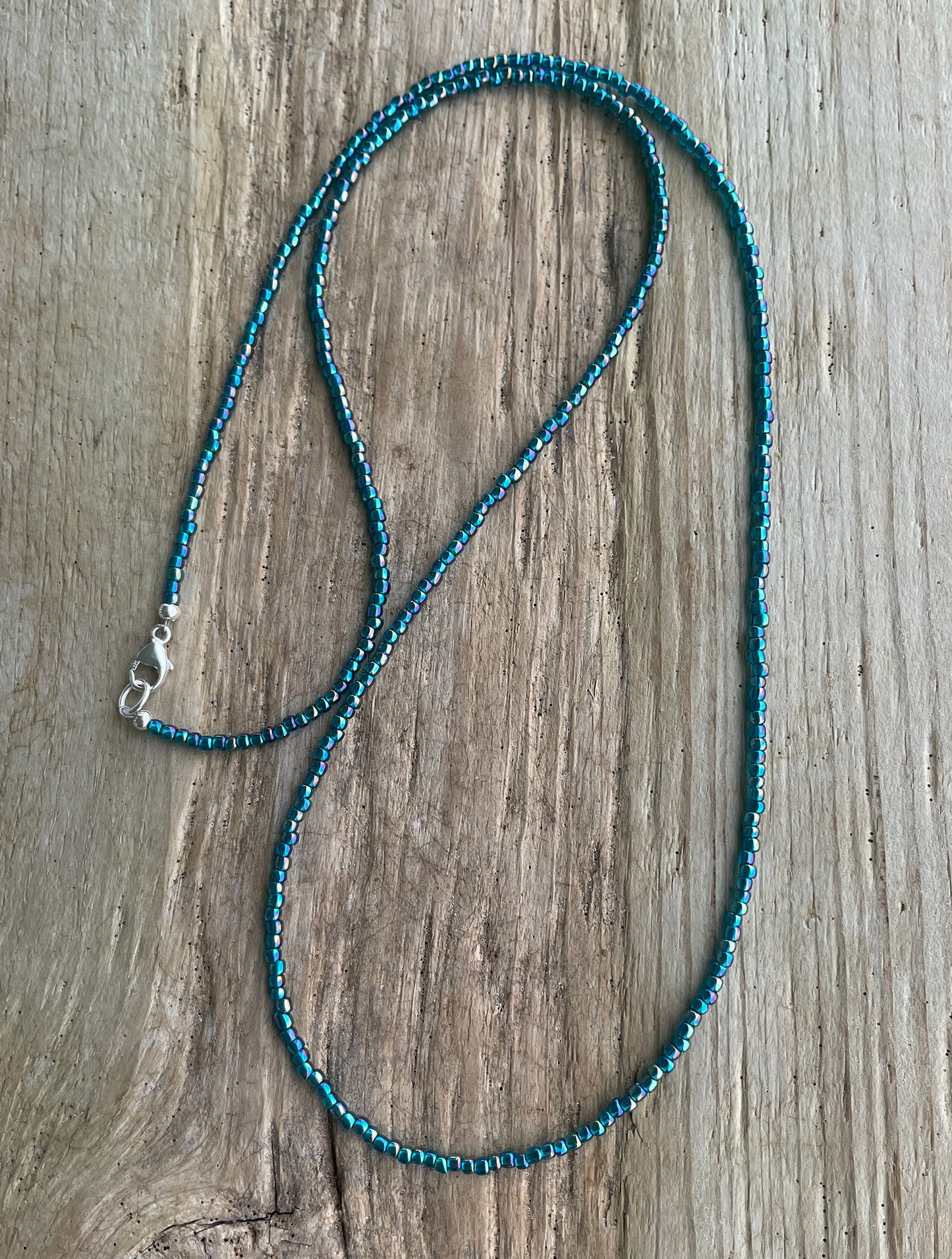 Transparent Rainbow Teal Seed Bead Necklace