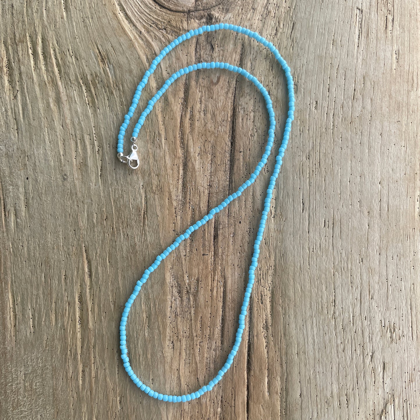 Turquoise Blue Seed Bead Necklace, Thin 1.5mm Single Strand
