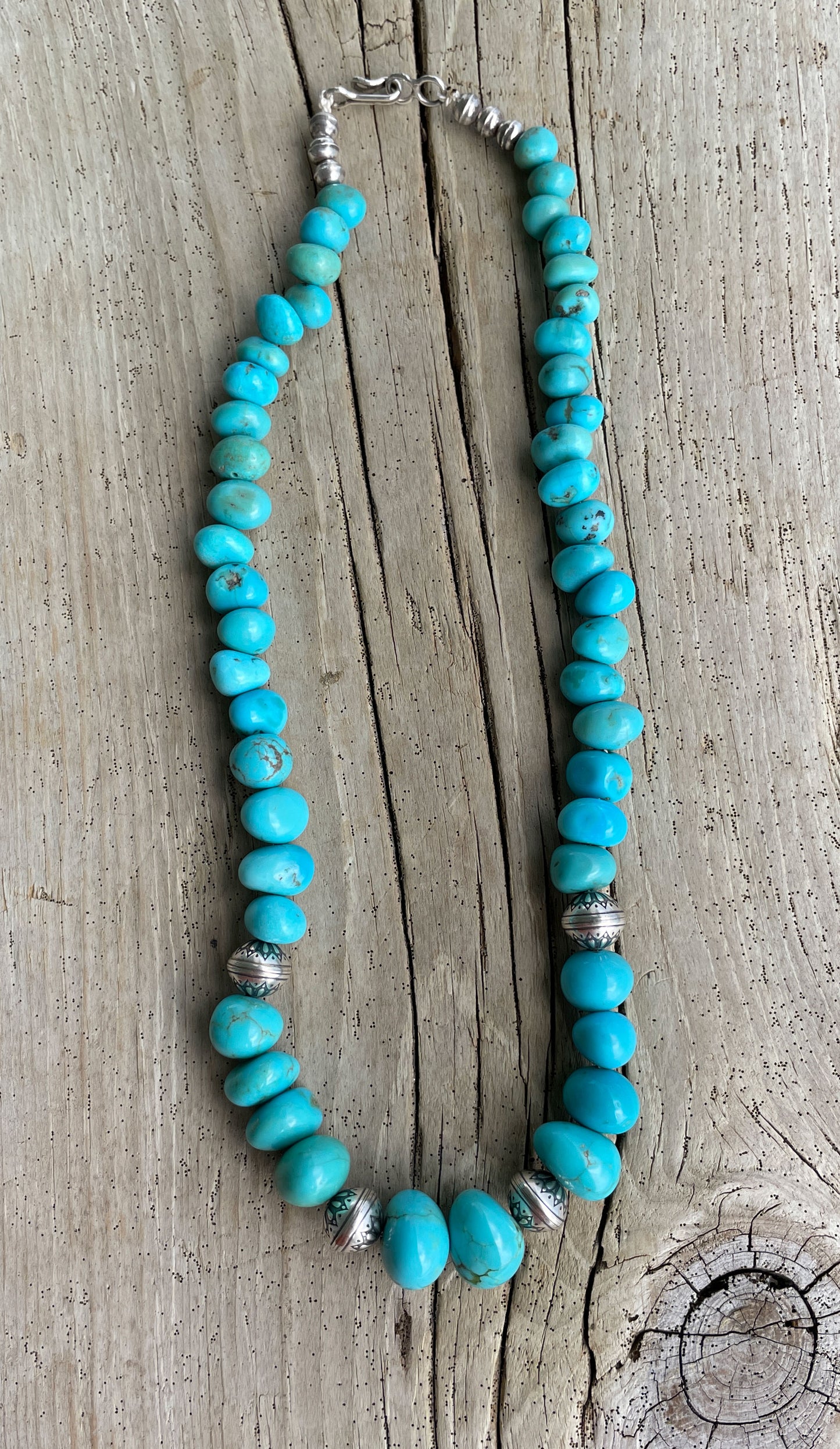 Genuine Blue Turquoise Pebble Bead Graduated Strand Necklace with Sterling Silver Accents 17 Inches