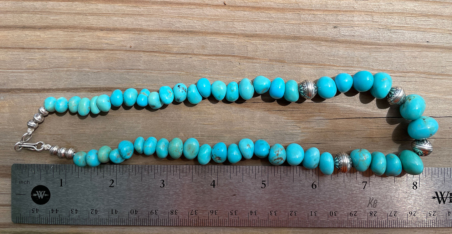 Genuine Blue Turquoise Pebble Bead Graduated Strand Necklace with Sterling Silver Accents 17 Inches
