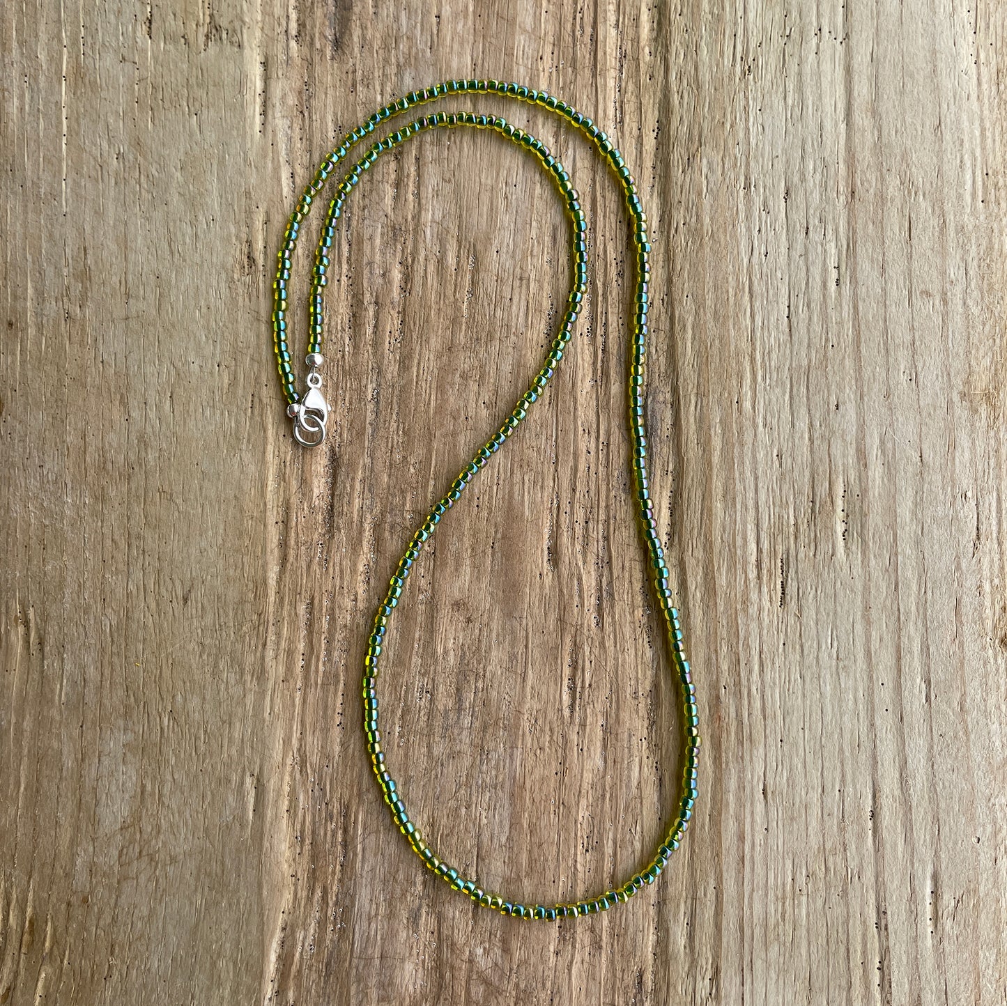 Jonquil Green Seed Bead Necklace, Thin 1.5mm Single Strand