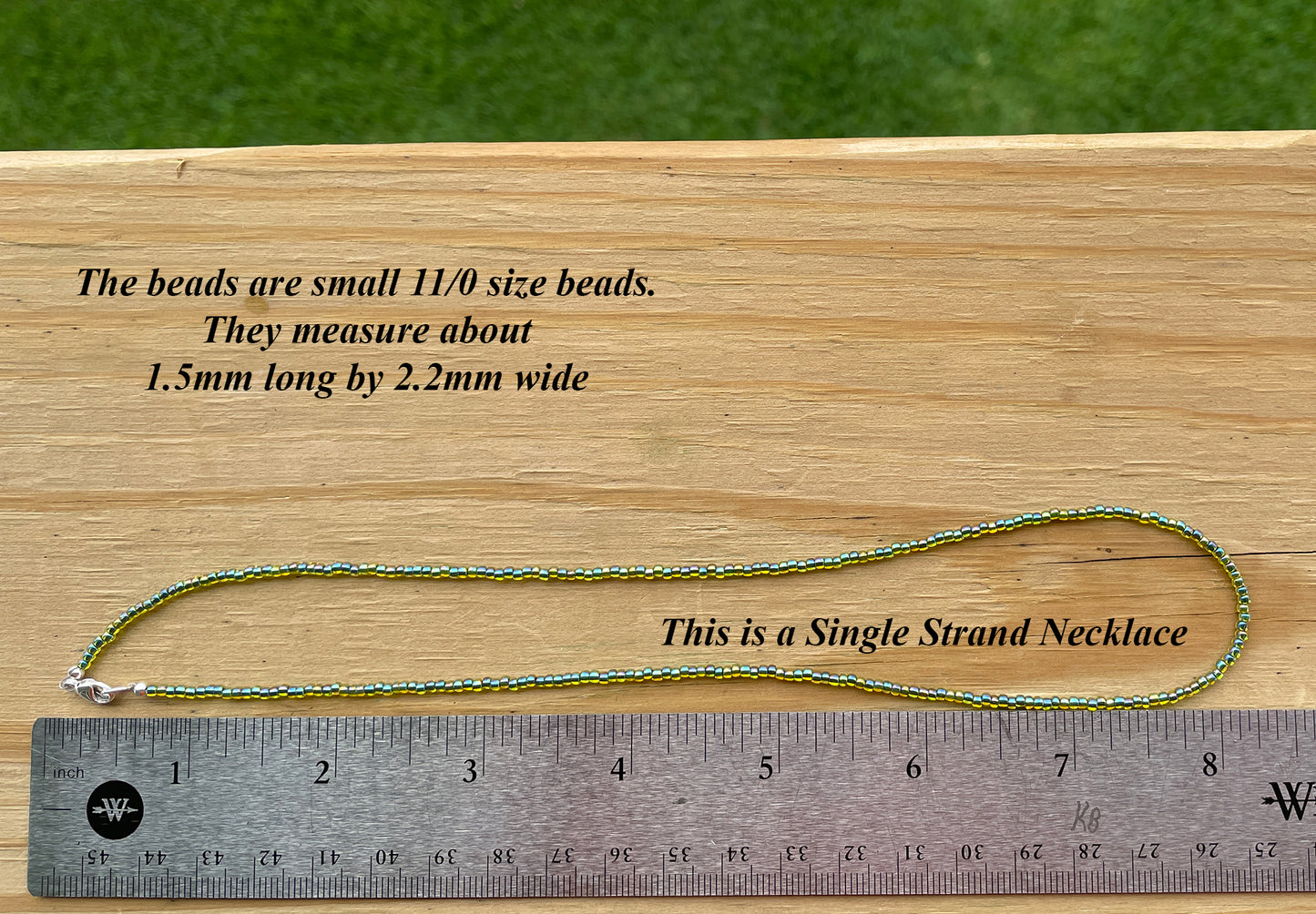 Jonquil Green Seed Bead Necklace, Thin 1.5mm Single Strand