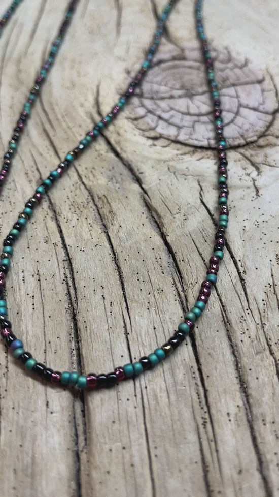 Mixed Teal Green Black and Plum Seed Bead Necklace