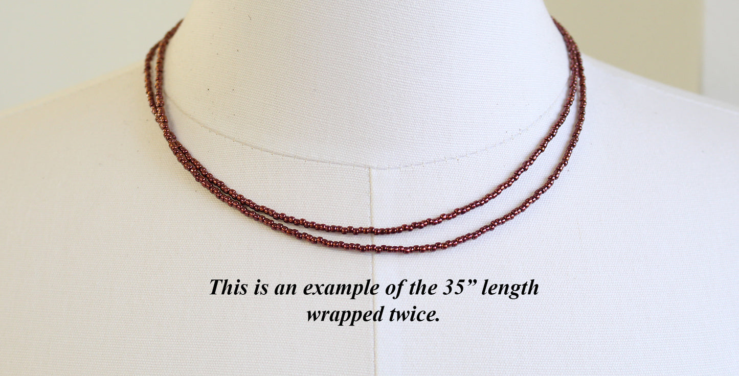 Dark Bronze Seed Bead Necklace-Shiny Metallic Copper Colored -Single Strand