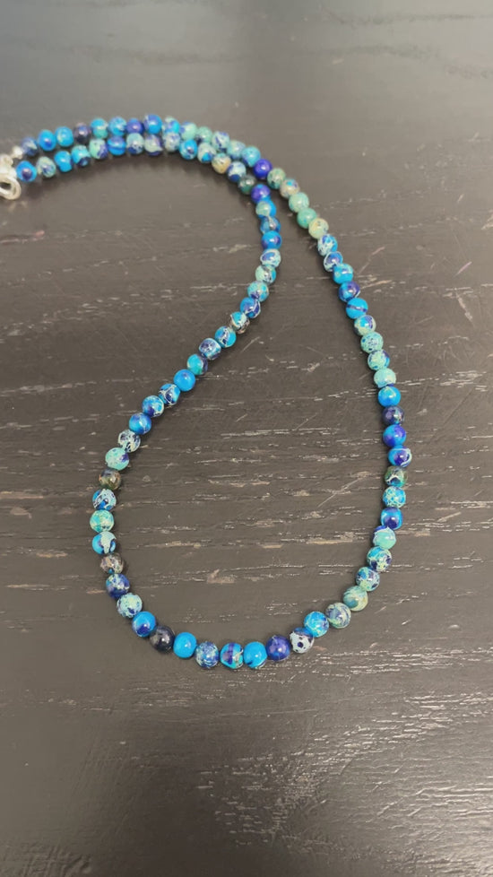 Blue Sea Sediment Jasper Bead Necklace Strand, Small 4mm Blue Stone Beaded Necklace