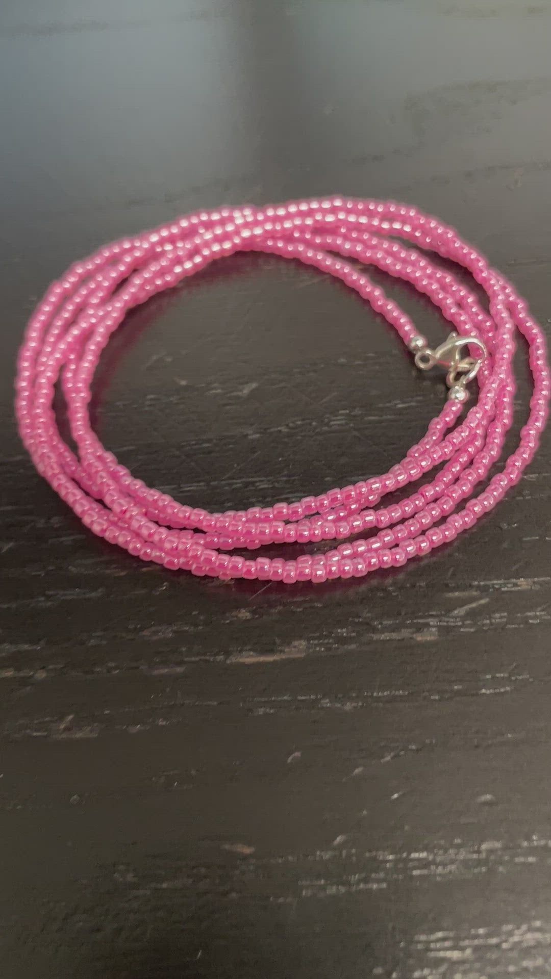Load and play video in Gallery viewer, Hot Pink Seed Bead Necklace, Thin 1.5mm Single Strand Beaded Necklace
