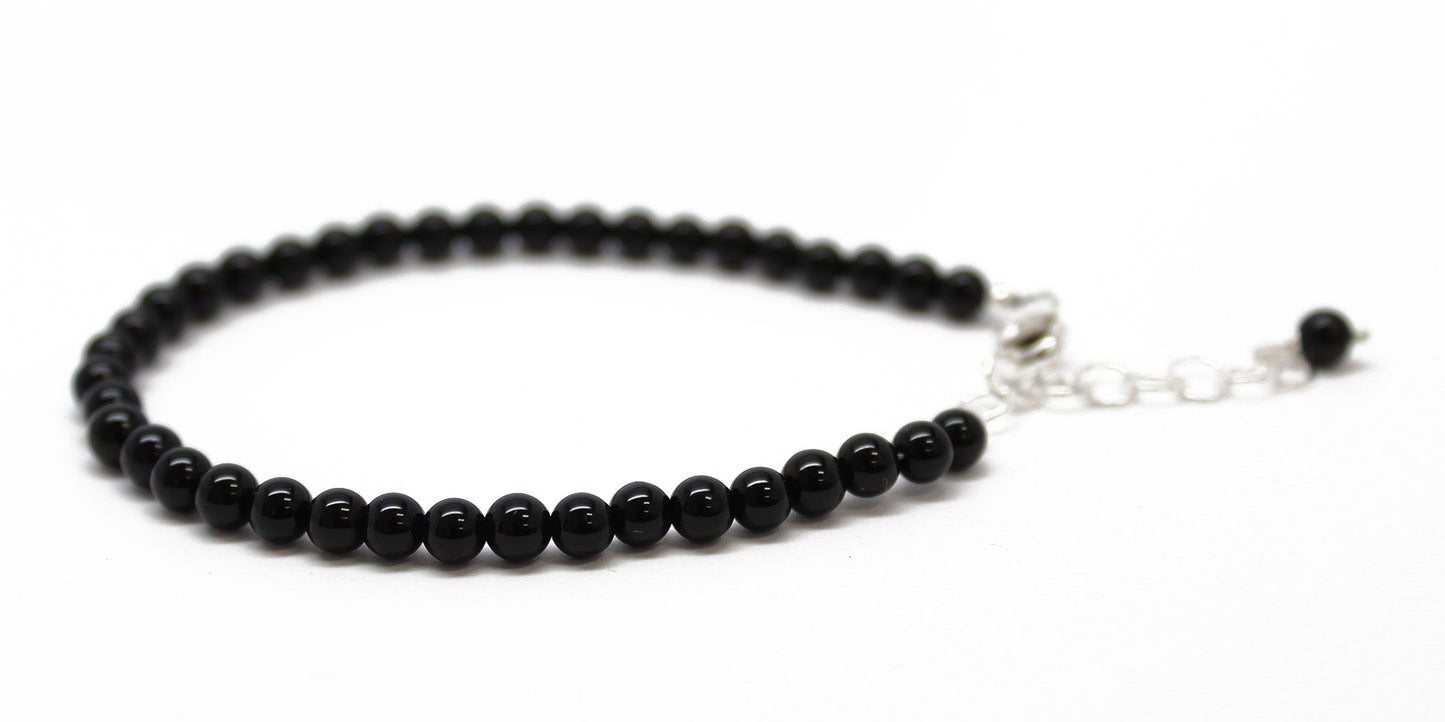 Black Onyx Bracelet, 4 mm, Sterling Clasp, Adjustable 7