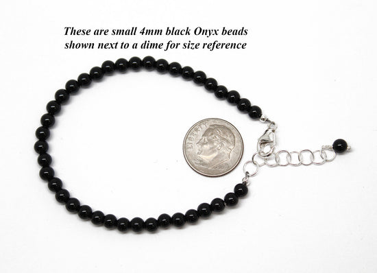 Black Onyx Bracelet, 4 mm, Sterling Clasp, Adjustable 7" to 8"