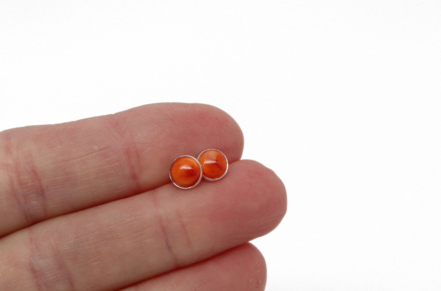 Spiny Oyster Stud Earrings in Sterling Silver, 6mm Orange Studs