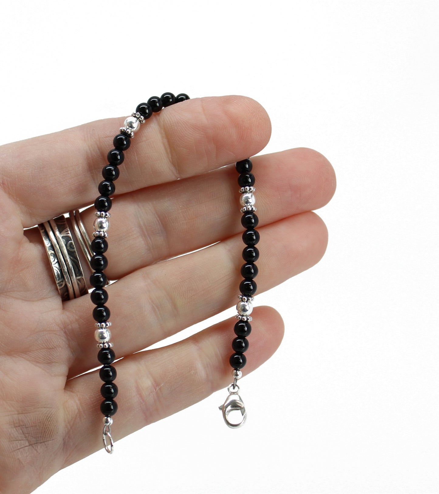 Black Onyx and Sterling Silver Bead Bracelet