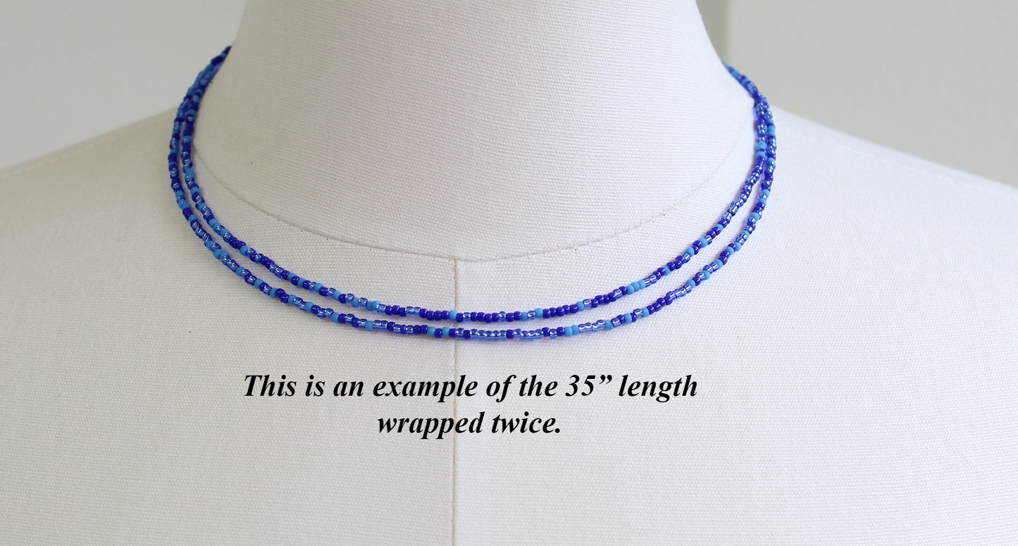 Multi Color Blue Seed Bead Necklace, Thin 1.5mm Single Strand