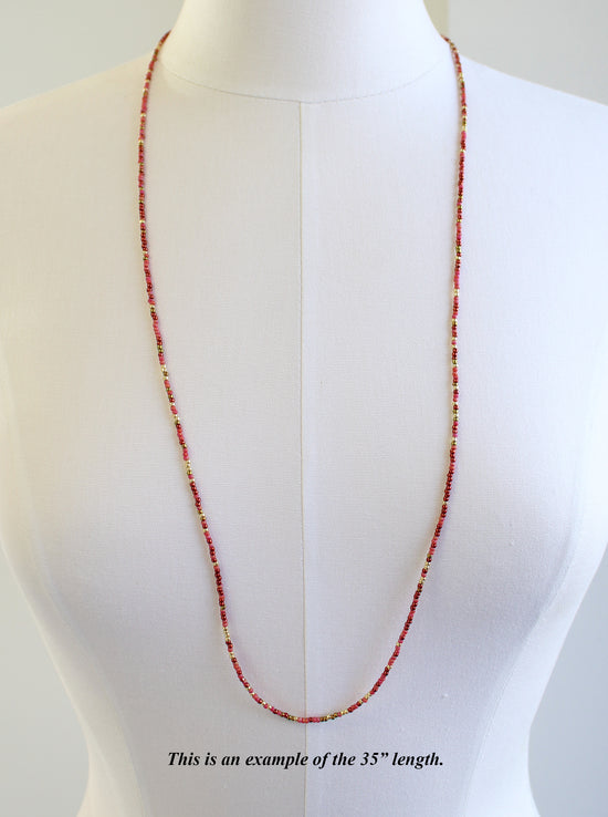 Multi Color Burgundy and Gold Seed Bead Necklace, Thin 1.5mm Single Strand