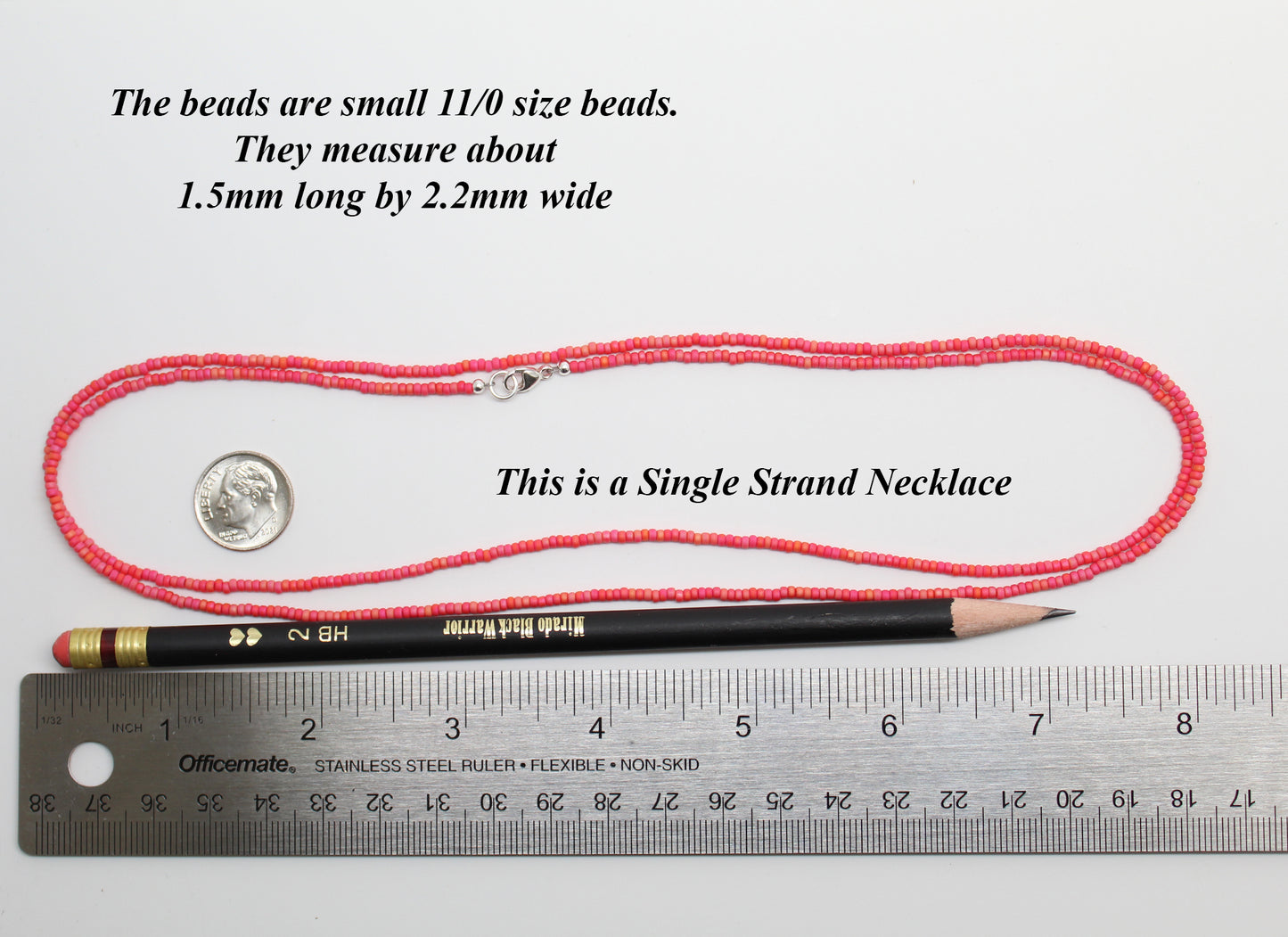 Coral Rainbow Seed Bead Necklace, Thin 1.5mm Single Strand Beaded Necklace