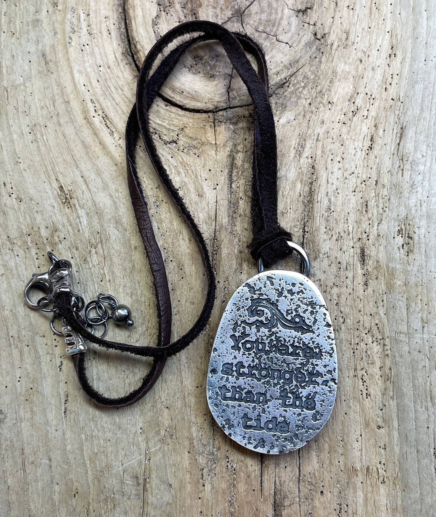 Handcrafted Brown Beach Stone Pendant in Sterling Silver with Deer Skin Lace