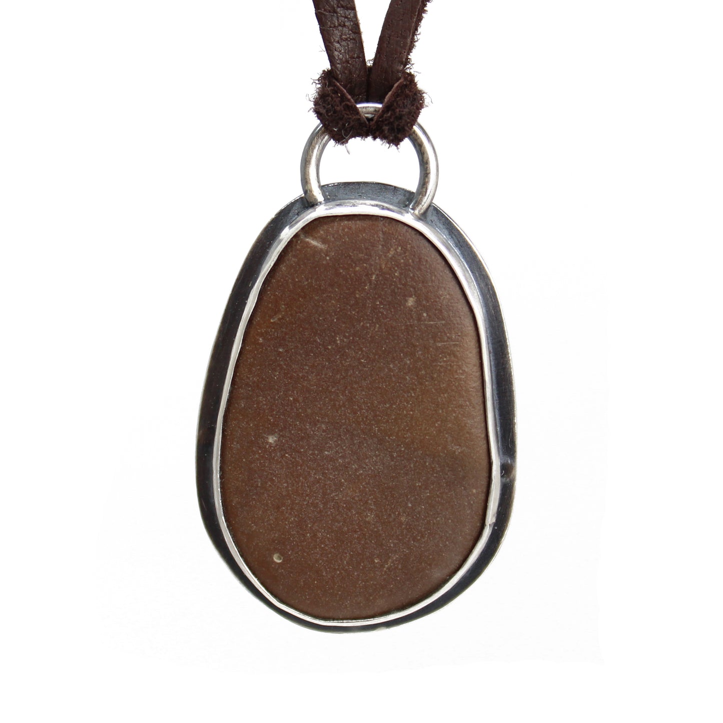 Handcrafted Brown Beach Stone Pendant in Sterling Silver with Deer Skin Lace