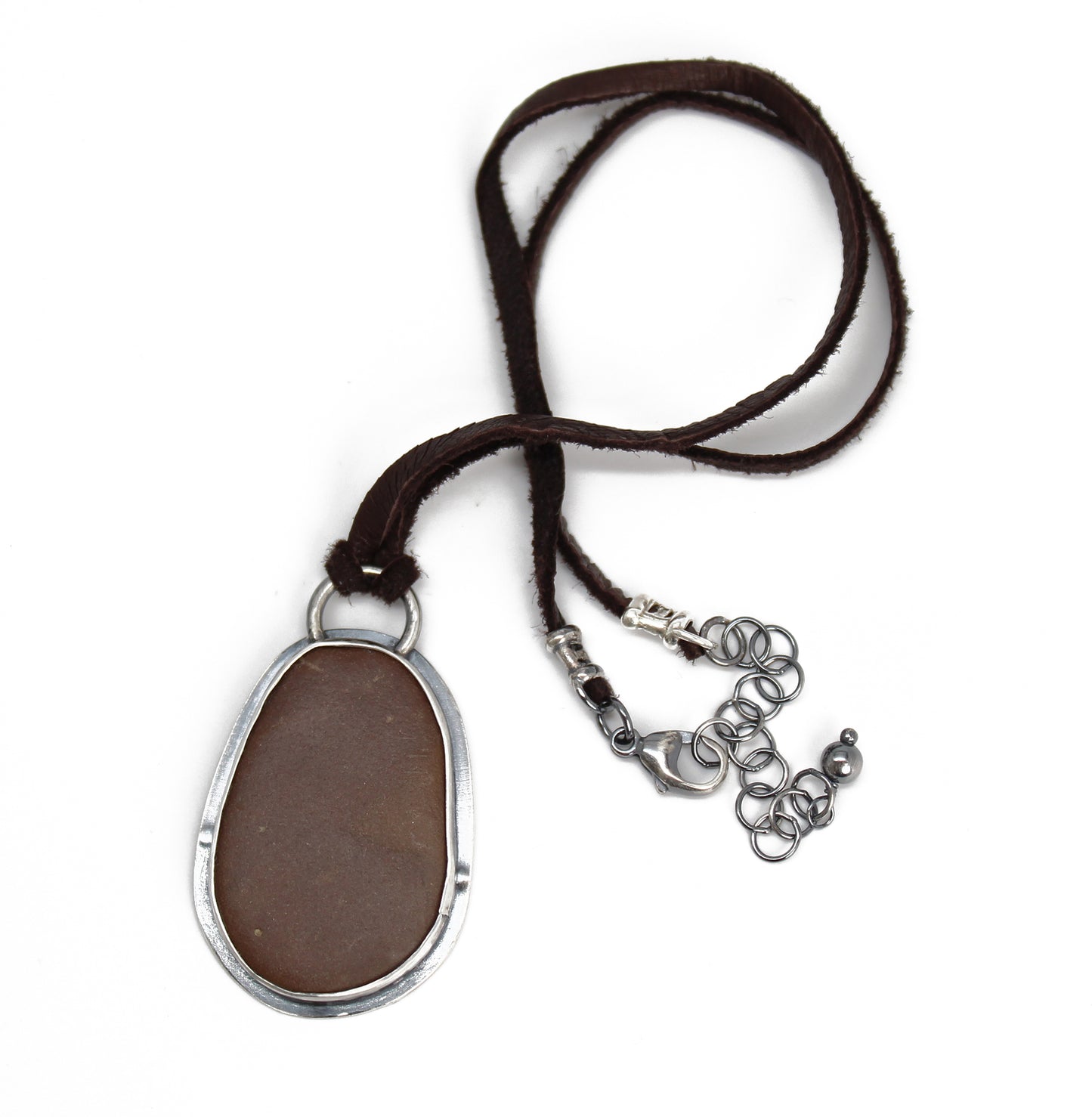 Handcrafted Brown Beach Stone Pendant in Sterling Silver with Deer Skin Lace