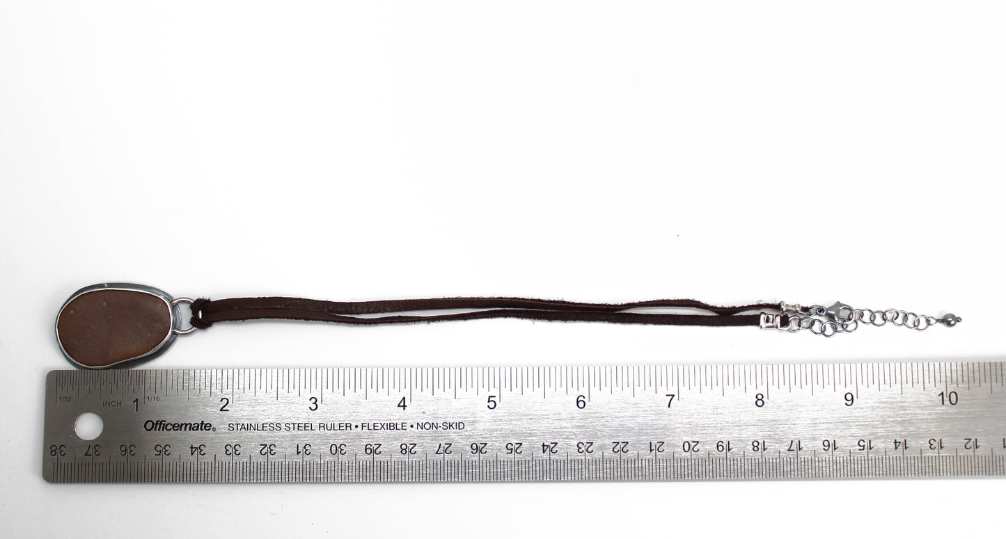 Handcrafted Brown Beach Stone Pendant in Sterling Silver with Deer Skin Lace