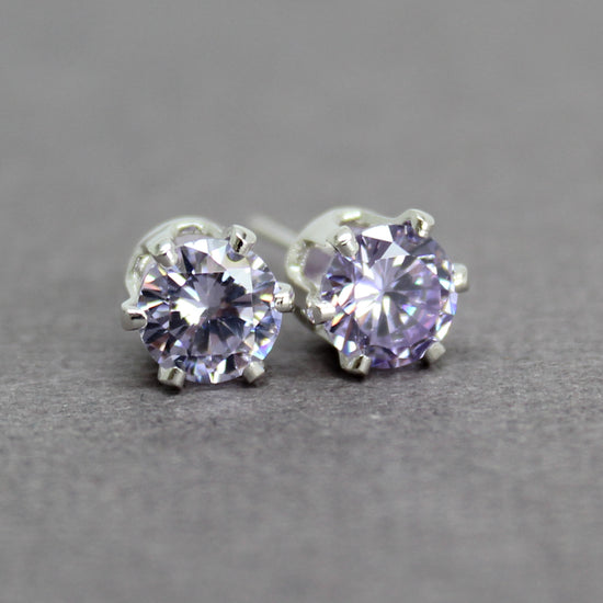 Lavender CZ Stud Earrings, 6mm Round Prong Set 925 Sterling Silver Pale Purple Studs