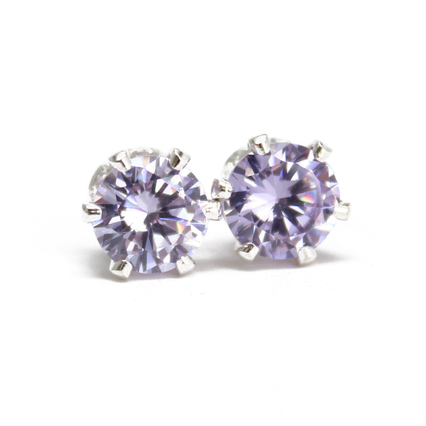 Lavender CZ Stud Earrings, 6mm Round Prong Set 925 Sterling Silver Pale Purple Studs