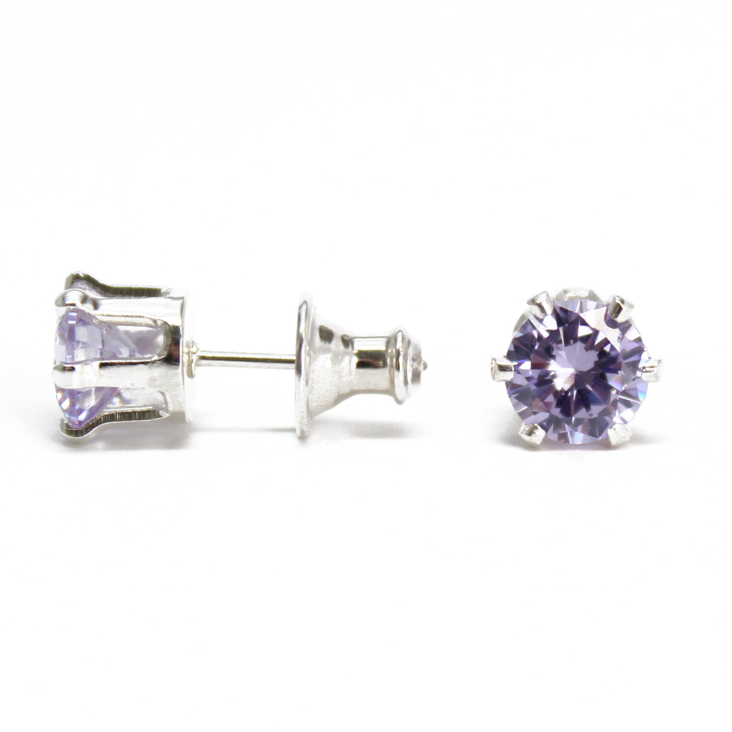 Lavender CZ Stud Earrings, 6mm Round Prong Set 925 Sterling Silver Pale Purple Studs