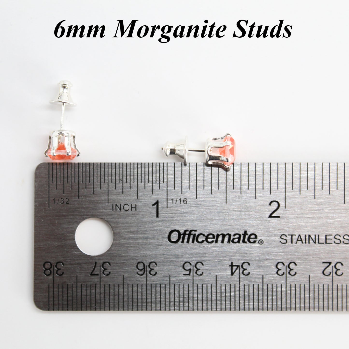 Morganite Gemstone Stud Earrings, 6mm Round Prong Set 925 Sterling Silver